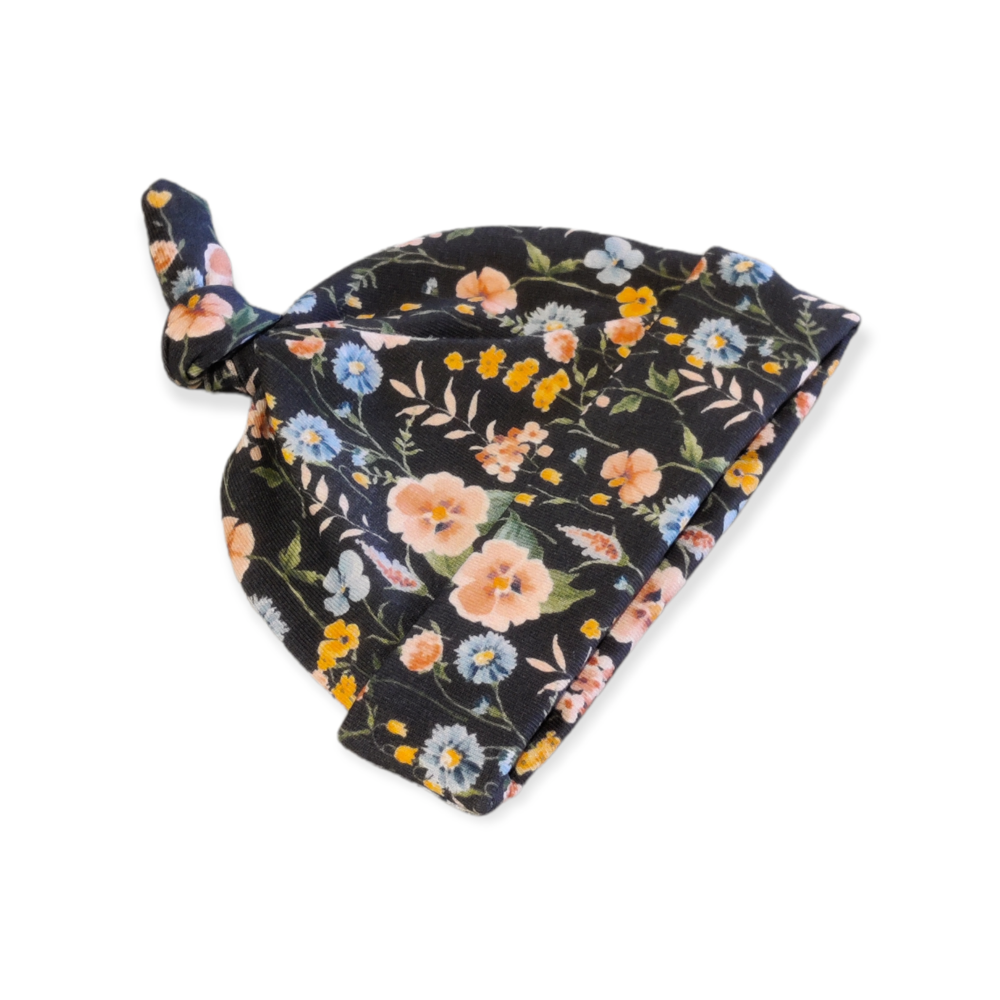 Baby knoopmutsje zwart met bloemen