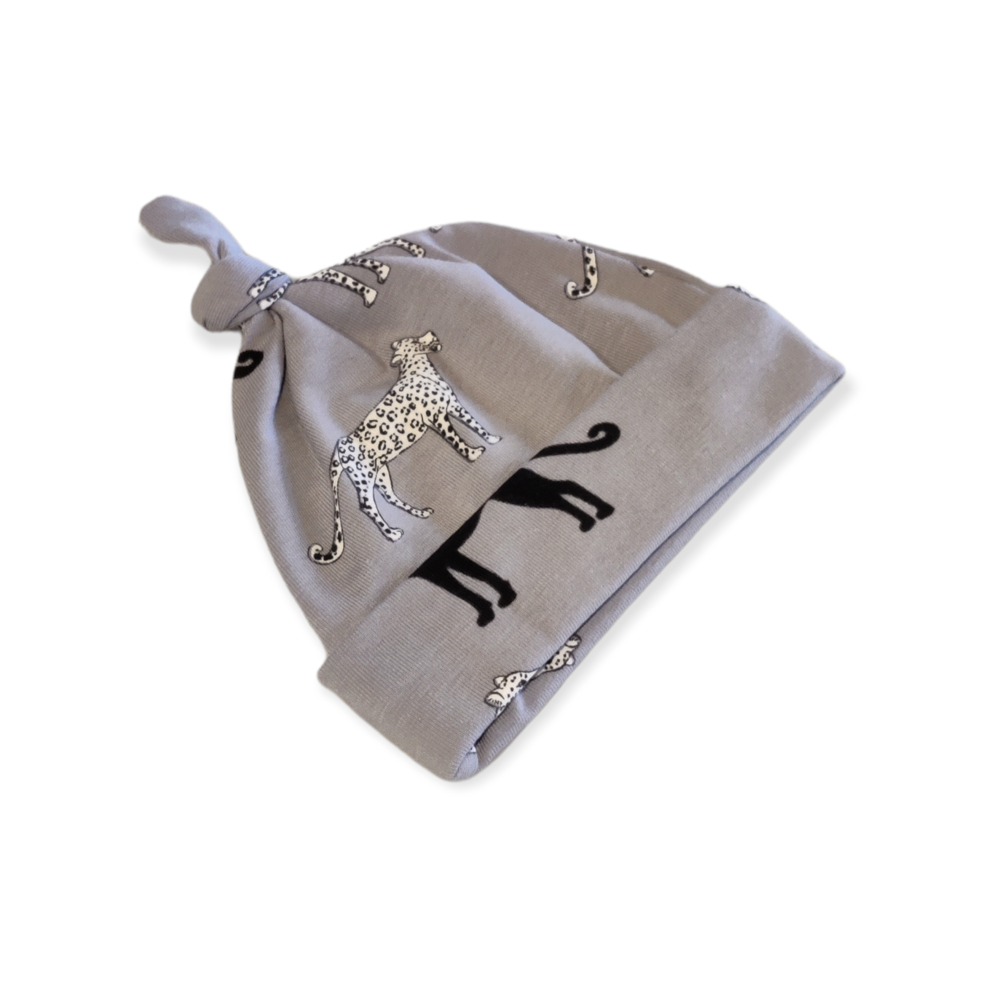 Baby knoopmutsje grijs panter