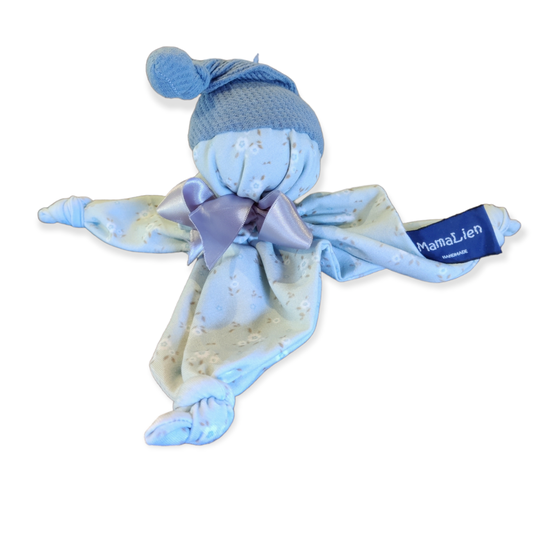 knuffelpoppetje kleine blauwe bloemetjes met rammelaar