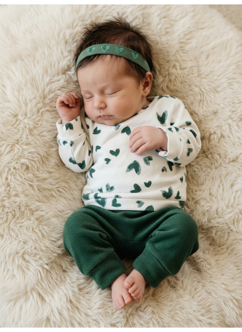 Setje broekje en shirtje groen broekje met hartjes maat 56