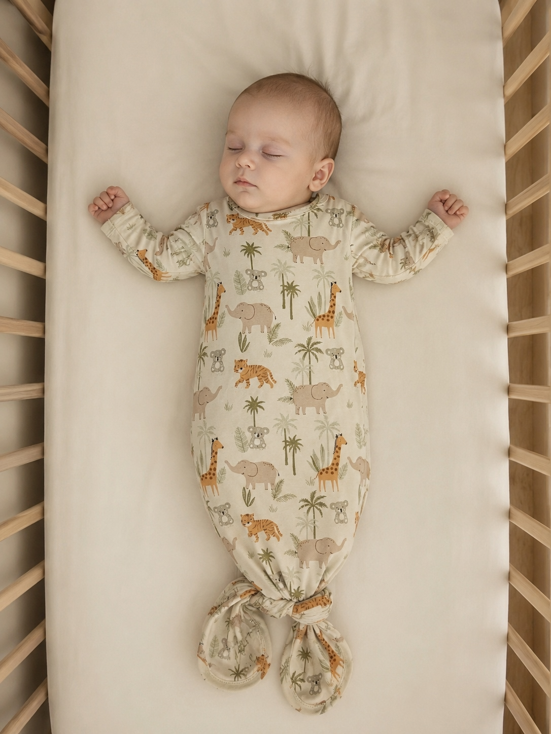 Knoop slaapzak By MamaLien 0 tot 3 maand creme jungle