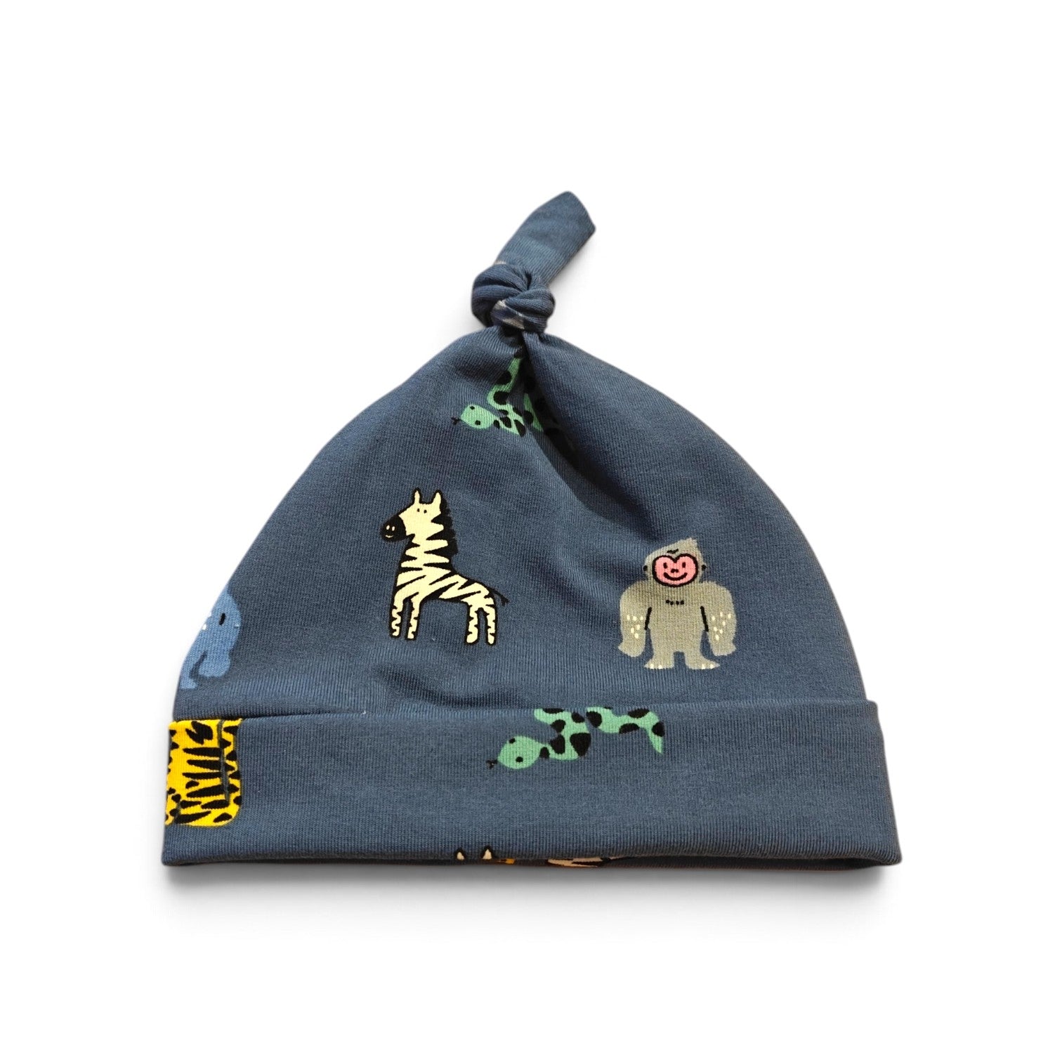 Baby knoopmutsje blauw safari