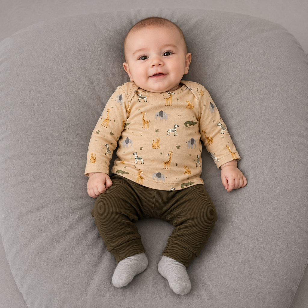 Setje broekje en shirtje bruin safari met groen broekje maat 62 / 68