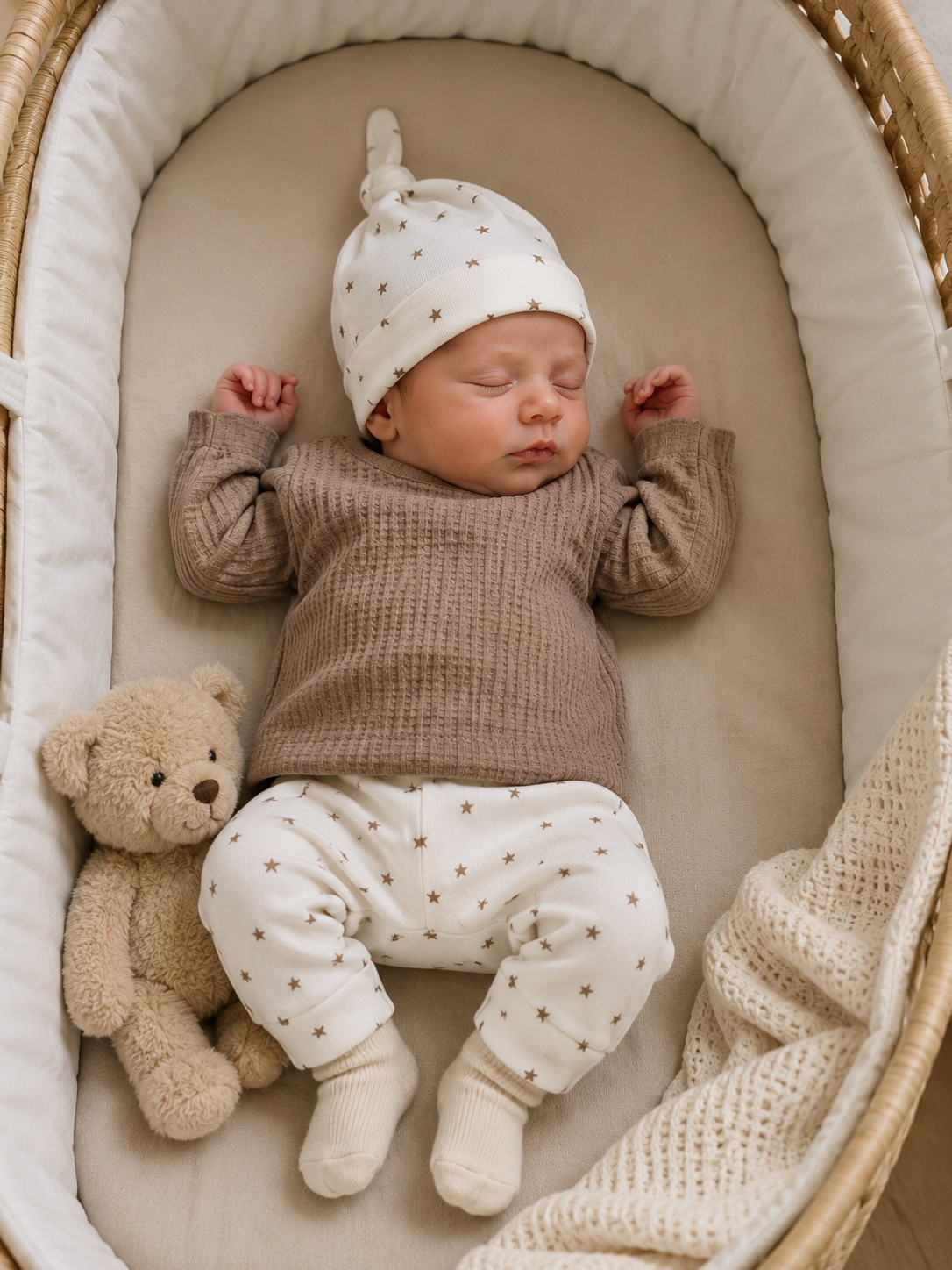 Setje broekje en shirtje en mutsje taupe sterren maat 56